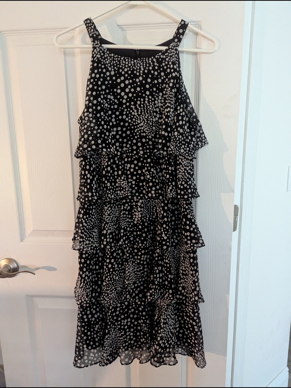 S.L. Fashions Black and White Polka Dot Tiered Midi Dress